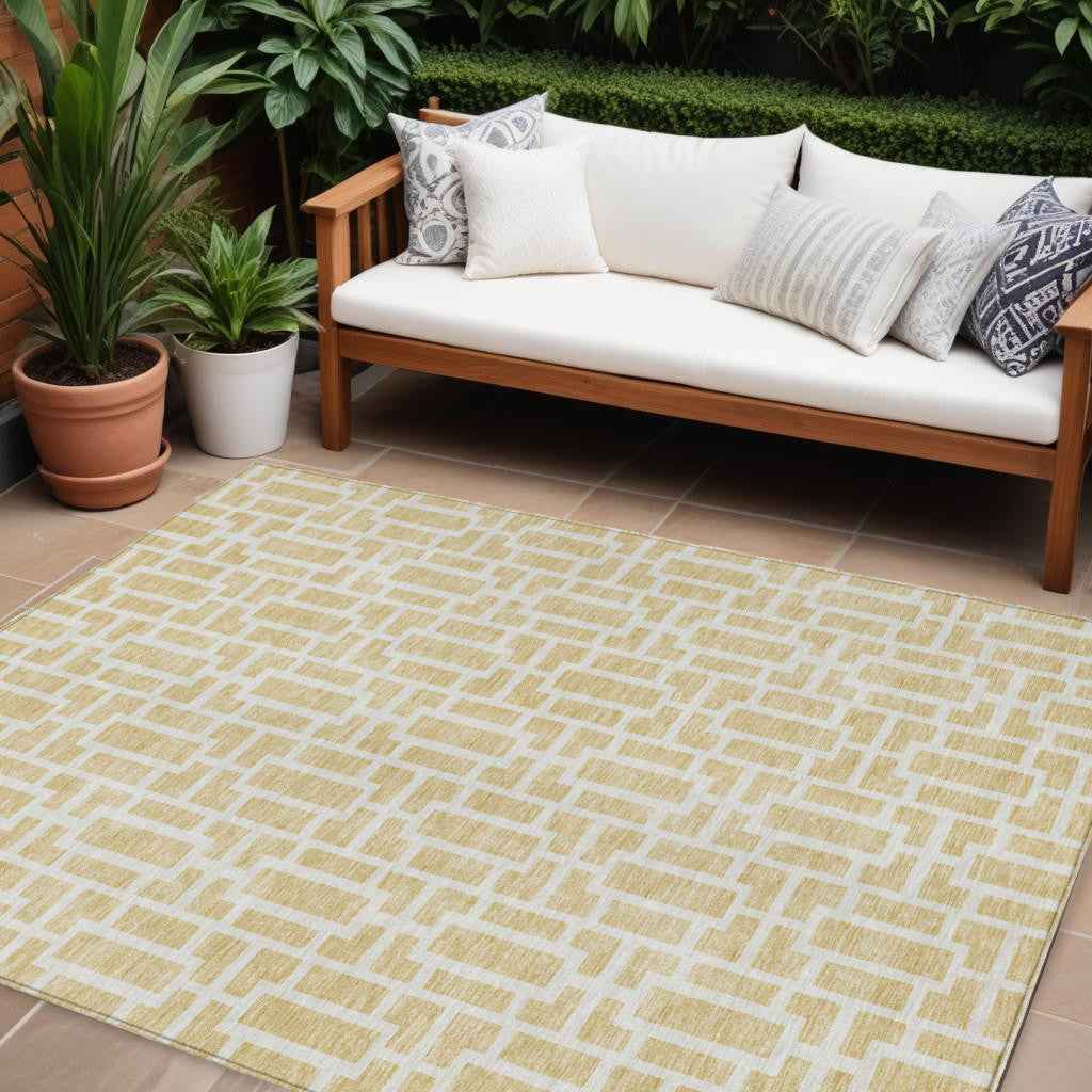 8' X 10' Wheat And Ivory Geometric Washable Indoor Outdoor Area Rug