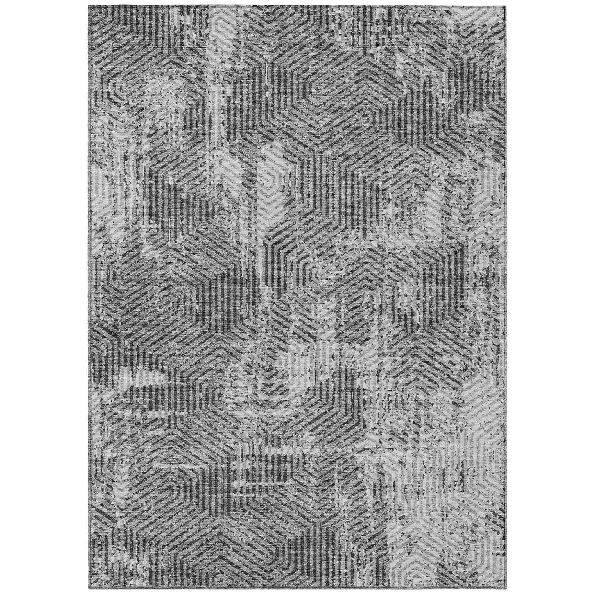 5' X 8' Gray And Charcoal Geometric Washable Indoor Outdoor Area Rug