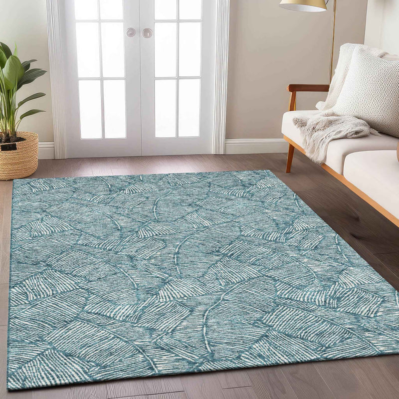 3' X 5' Teal Blue And Ivory Floral Washable Indoor Outdoor Area Rug