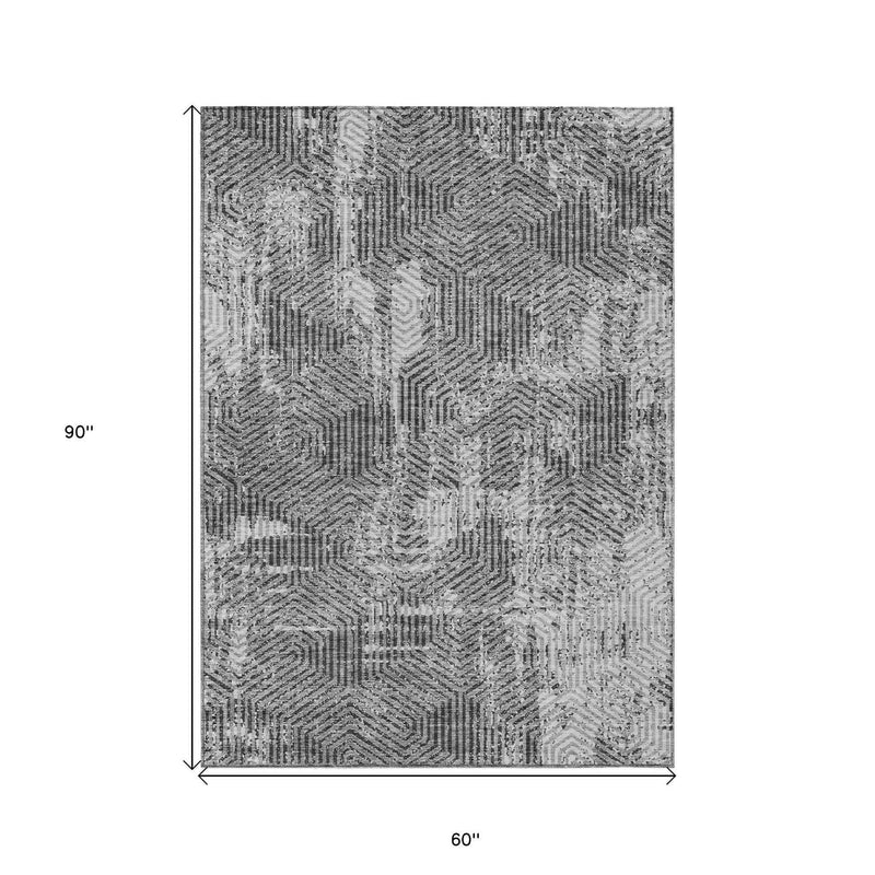 5' X 8' Gray And Charcoal Geometric Washable Indoor Outdoor Area Rug