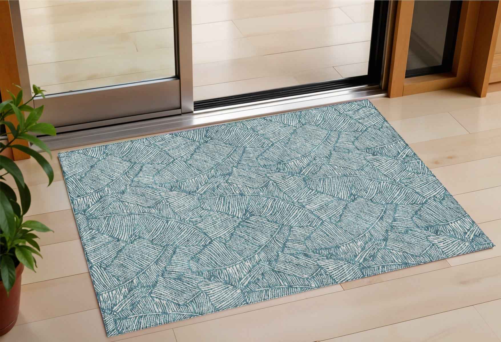3' X 5' Teal Blue And Ivory Floral Washable Indoor Outdoor Area Rug