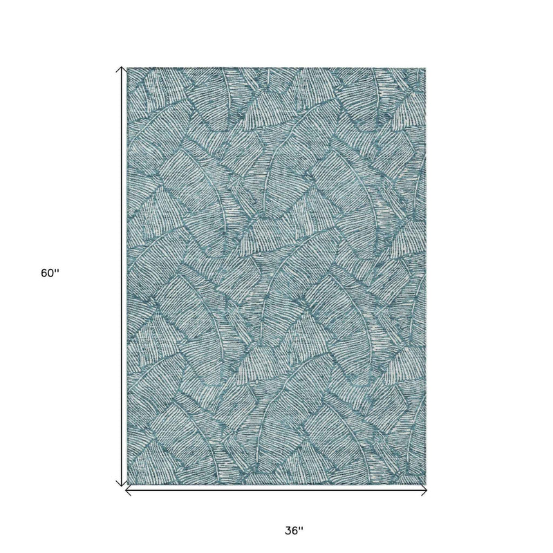 3' X 5' Teal Blue And Ivory Floral Washable Indoor Outdoor Area Rug