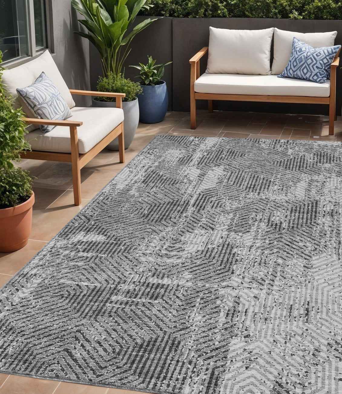 5' X 8' Gray And Charcoal Geometric Washable Indoor Outdoor Area Rug