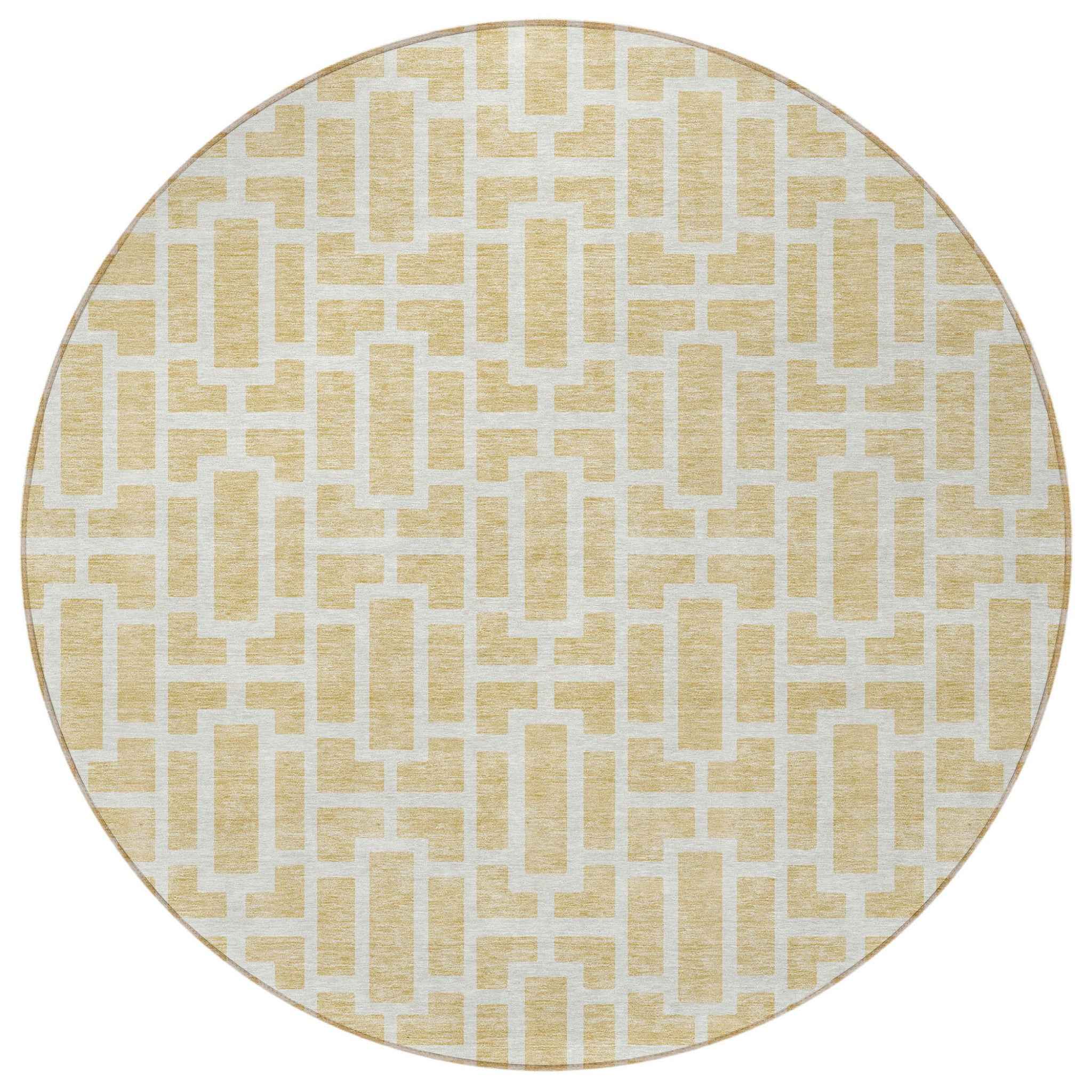8' Wheat And Ivory Round Geometric Washable Indoor Outdoor Area Rug