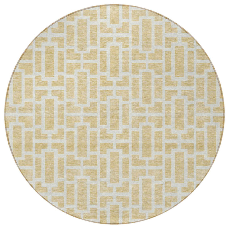 8' Wheat And Ivory Round Geometric Washable Indoor Outdoor Area Rug