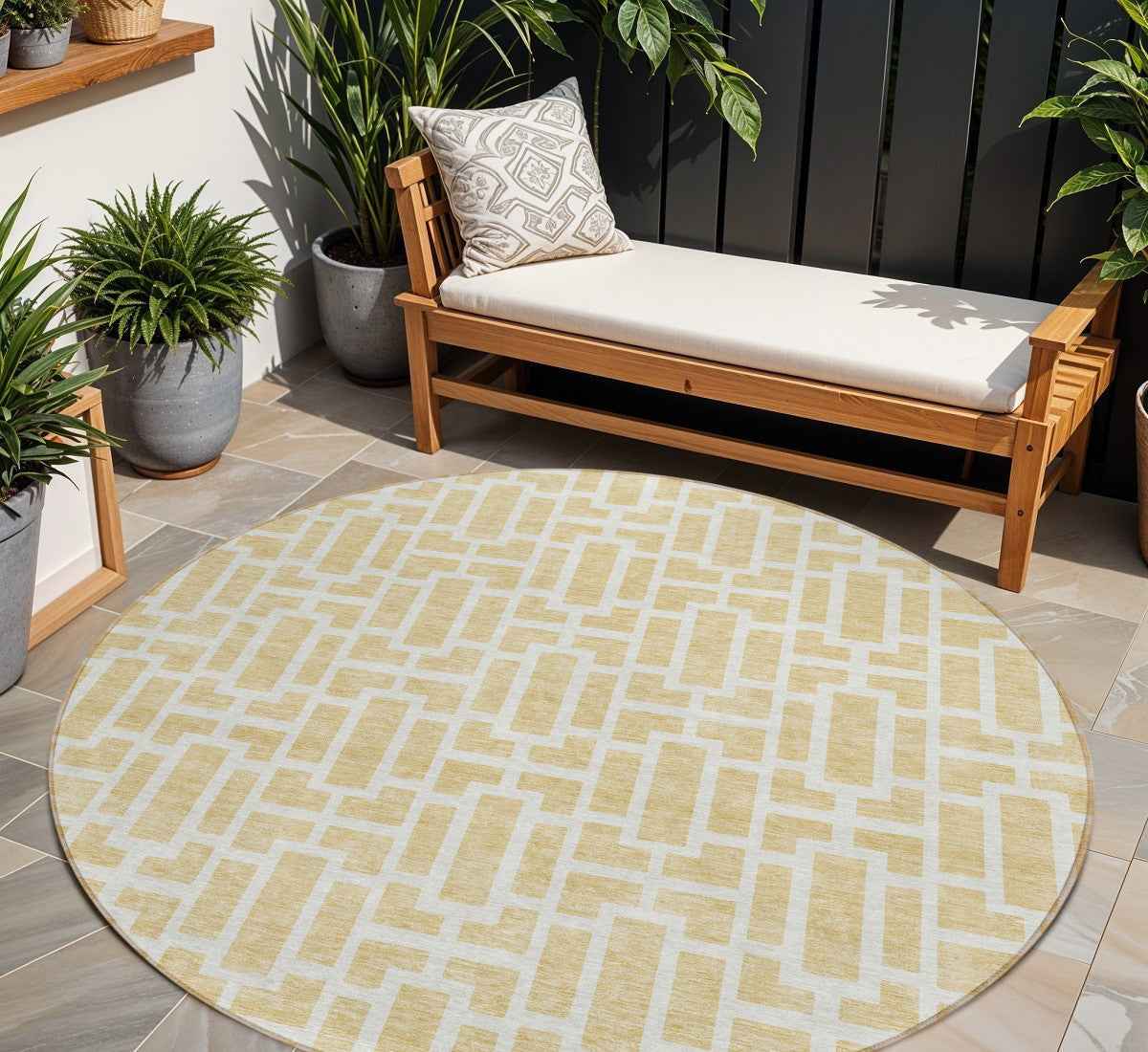 8' Wheat And Ivory Round Geometric Washable Indoor Outdoor Area Rug
