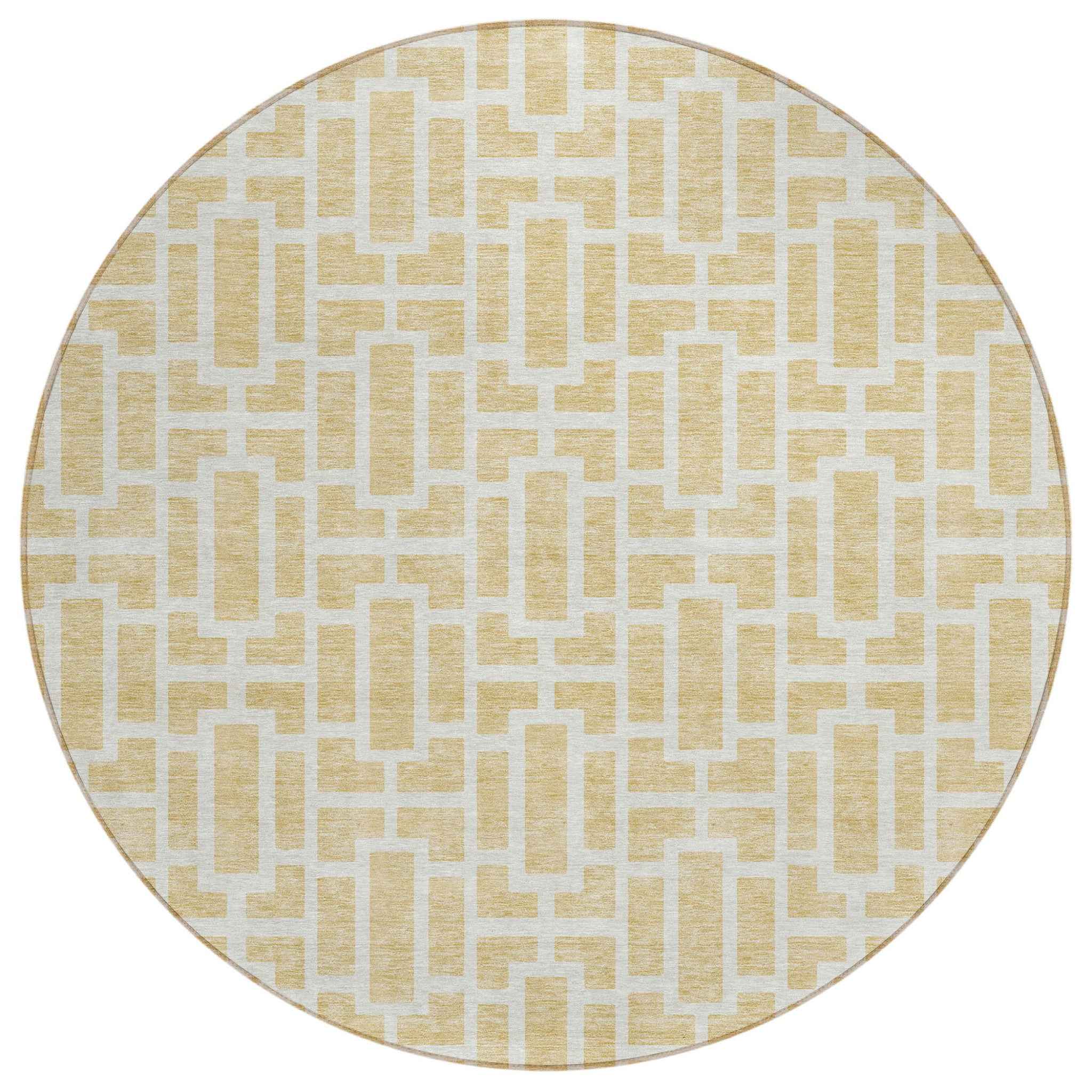 8' Wheat And Ivory Round Geometric Washable Indoor Outdoor Area Rug