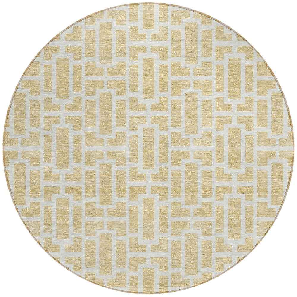 8' Wheat And Ivory Round Geometric Washable Indoor Outdoor Area Rug