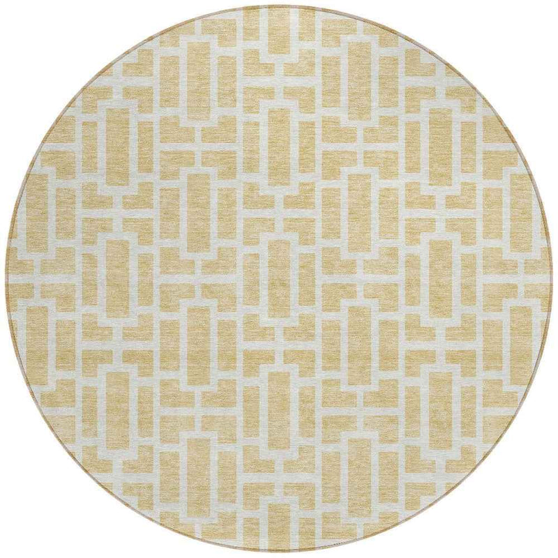 8' Wheat And Ivory Round Geometric Washable Indoor Outdoor Area Rug