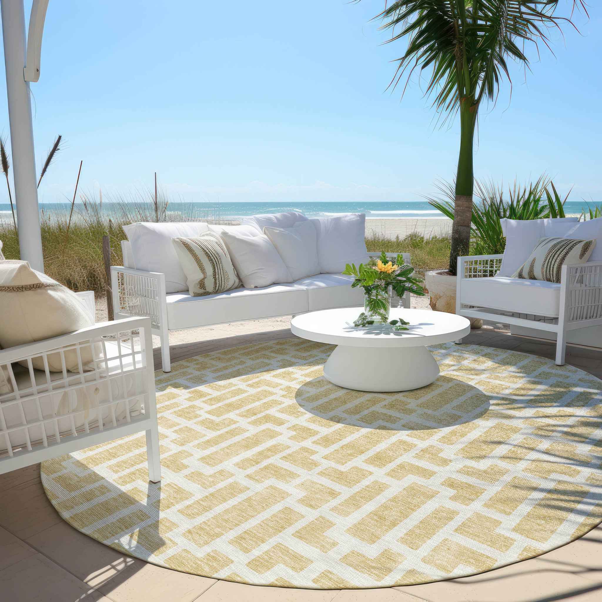 8' Wheat And Ivory Round Geometric Washable Indoor Outdoor Area Rug