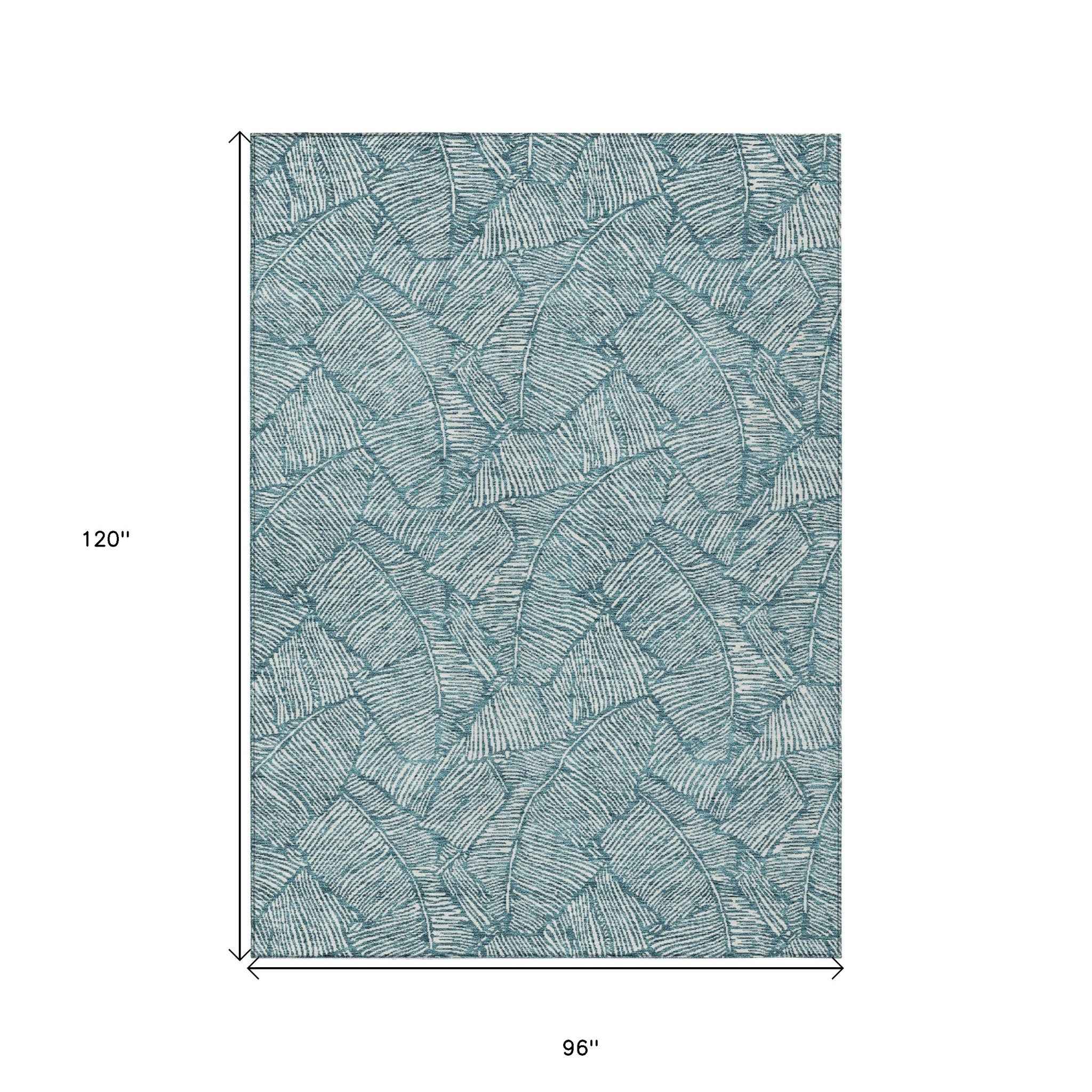 8' X 10' Teal Blue And Ivory Floral Washable Indoor Outdoor Area Rug