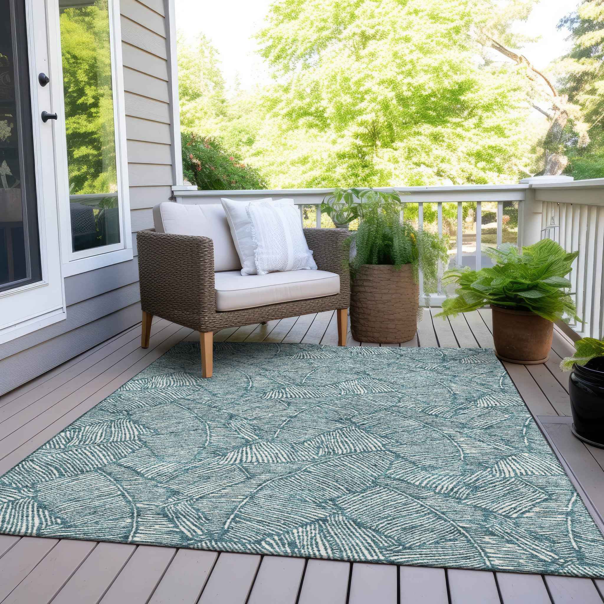 8' X 10' Teal Blue And Ivory Floral Washable Indoor Outdoor Area Rug