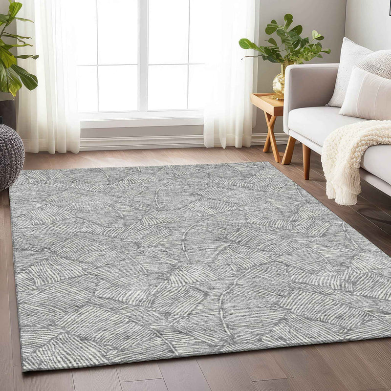 8' X 10' Gray And Ivory Floral Washable Indoor Outdoor Area Rug
