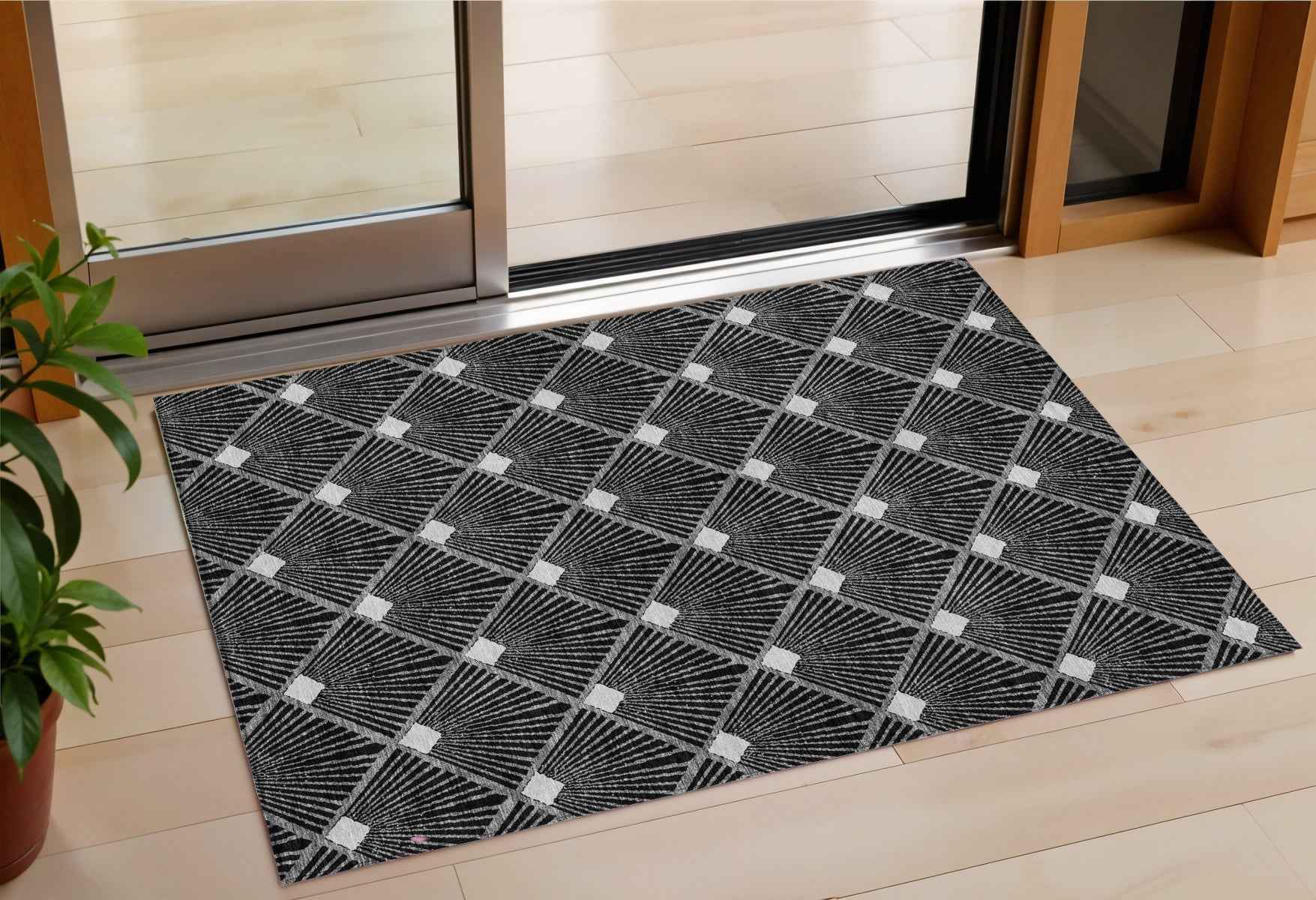 3' X 5' Black Gray And Ivory Geometric Washable Indoor Outdoor Area Rug