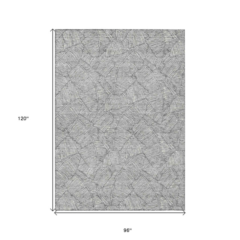 8' X 10' Gray And Ivory Floral Washable Indoor Outdoor Area Rug