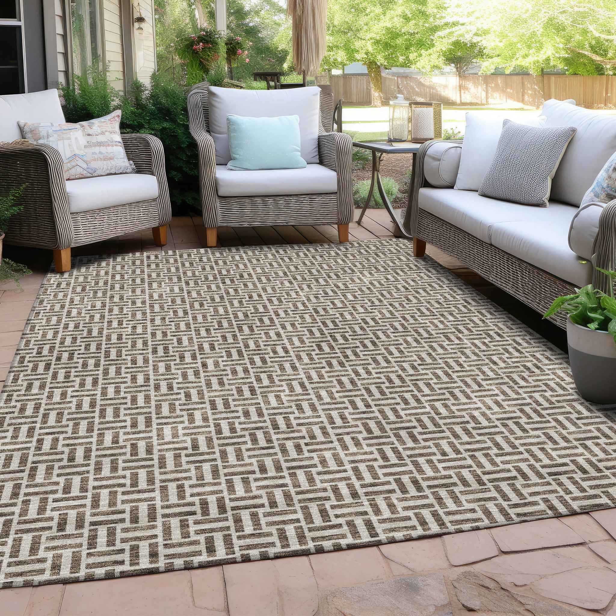 5' X 8' Brown And Beige Geometric Washable Indoor Outdoor Area Rug