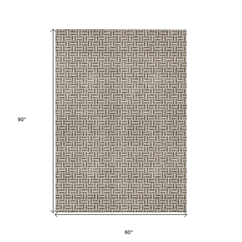 5' X 8' Brown And Beige Geometric Washable Indoor Outdoor Area Rug