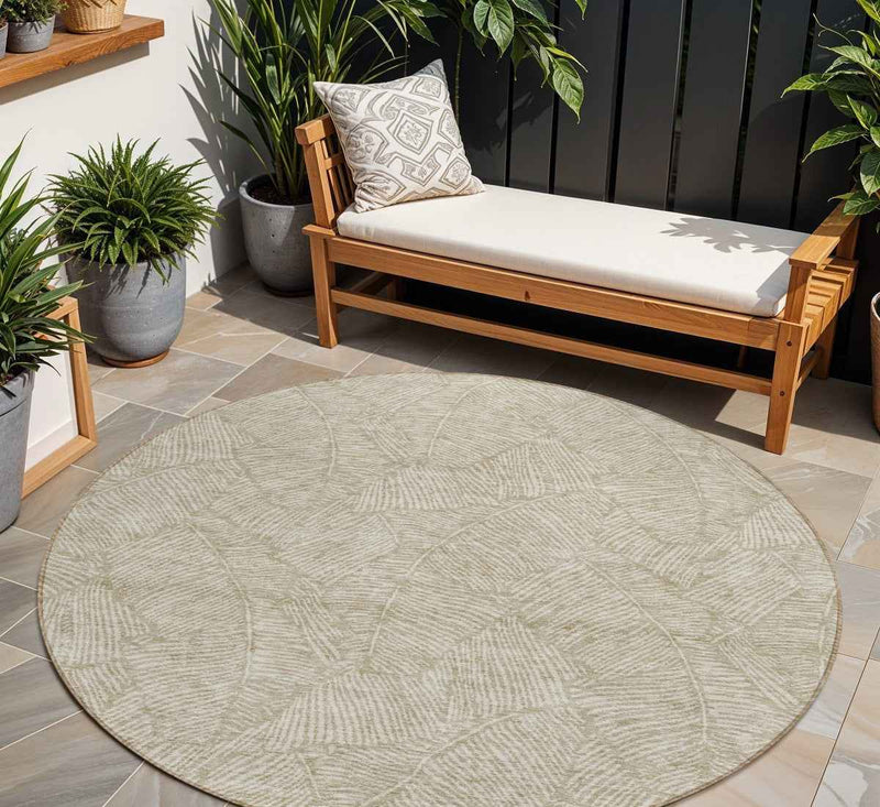 8' Taupe And Ivory Round Floral Washable Indoor Outdoor Area Rug