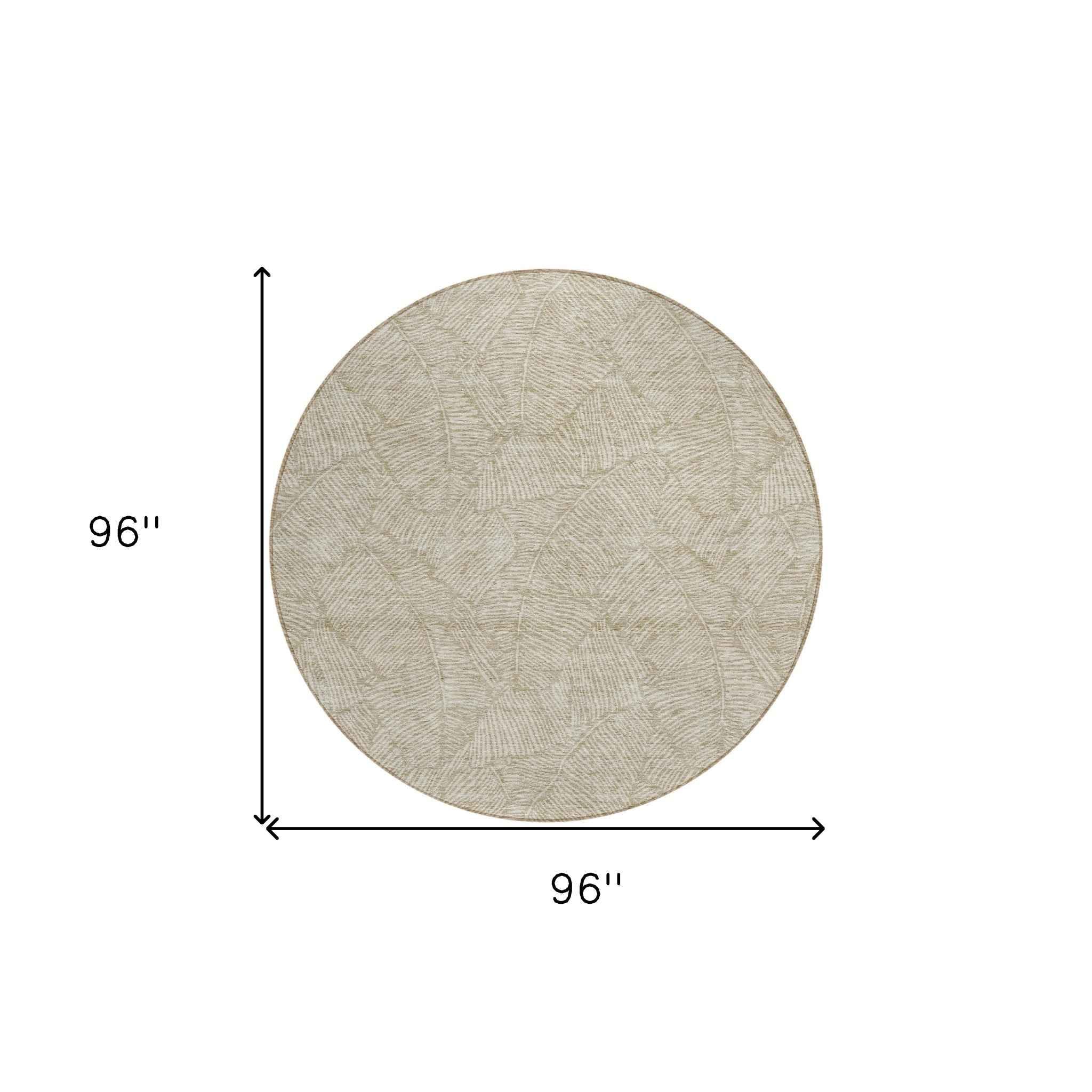 8' Taupe And Ivory Round Floral Washable Indoor Outdoor Area Rug