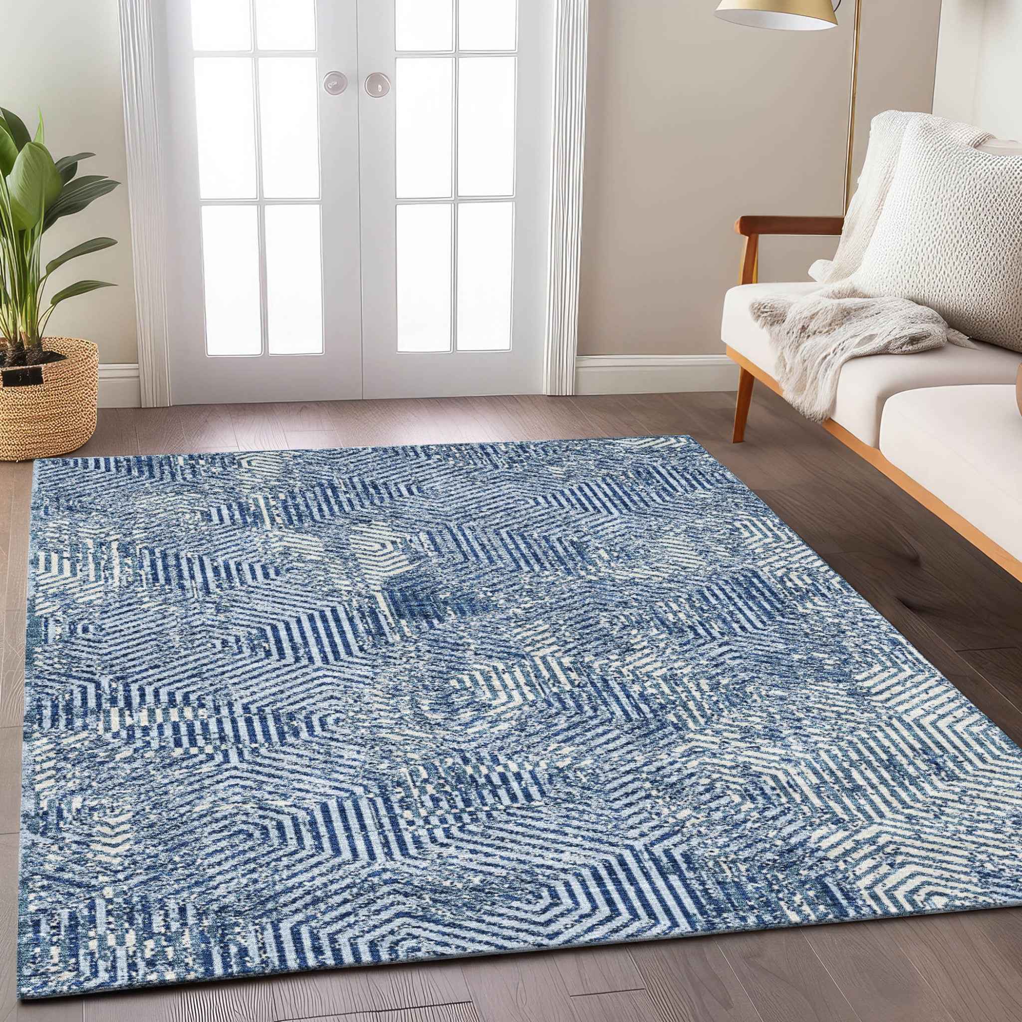 5' X 8' Navy Blue And Ivory Geometric Washable Indoor Outdoor Area Rug
