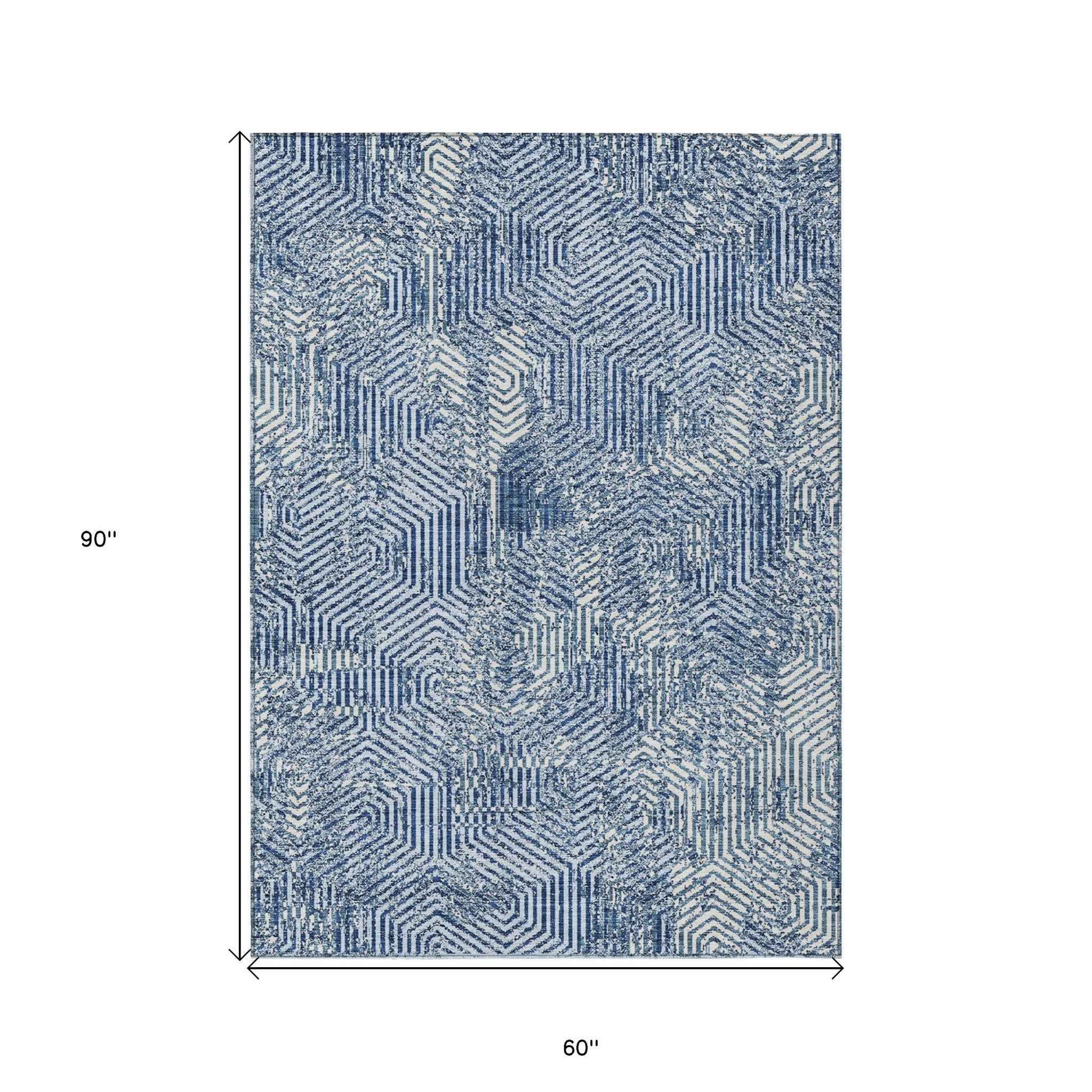 5' X 8' Navy Blue And Ivory Geometric Washable Indoor Outdoor Area Rug