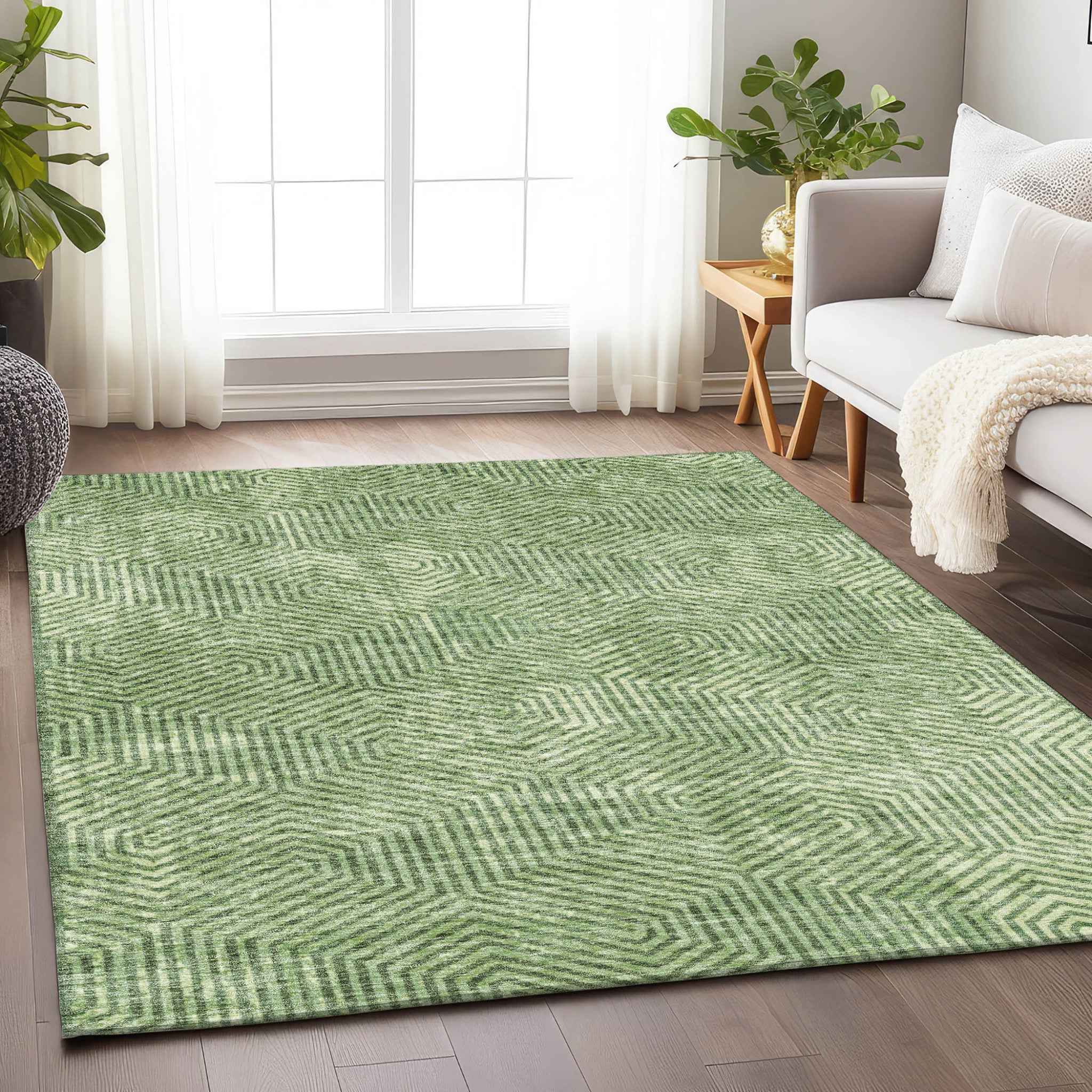 10' X 14' Green And Light Green Geometric Washable Indoor Outdoor Area Rug
