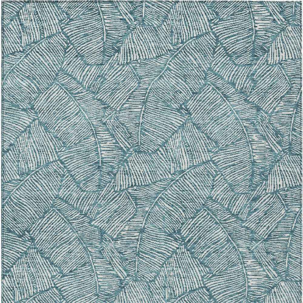 9' X 12' Teal Blue And Ivory Floral Washable Indoor Outdoor Area Rug