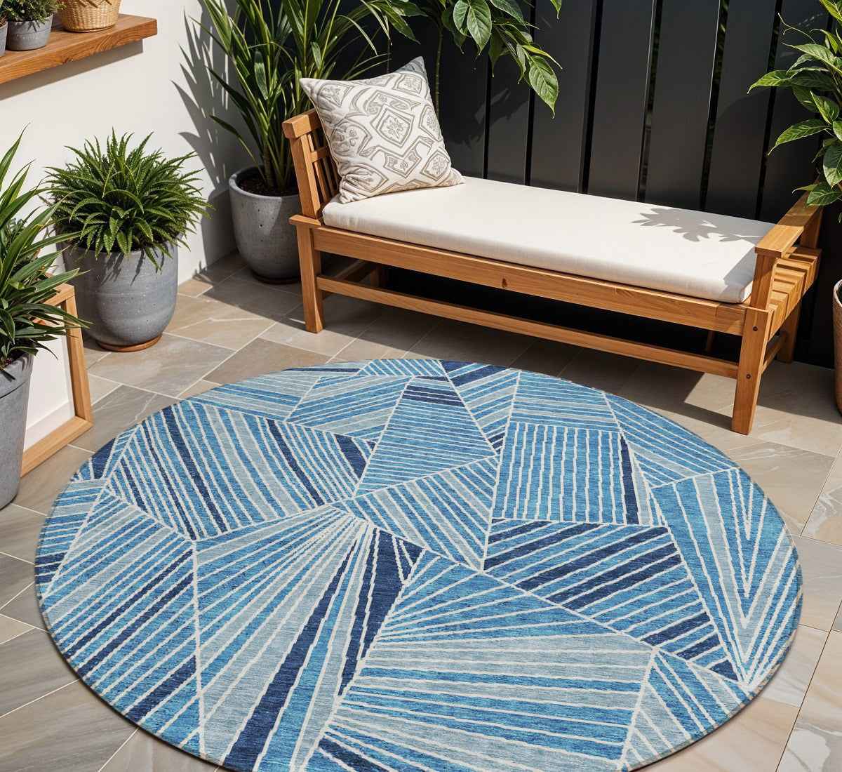 8' Blue And Teal Blue Round Geometric Washable Indoor Outdoor Area Rug Default Title