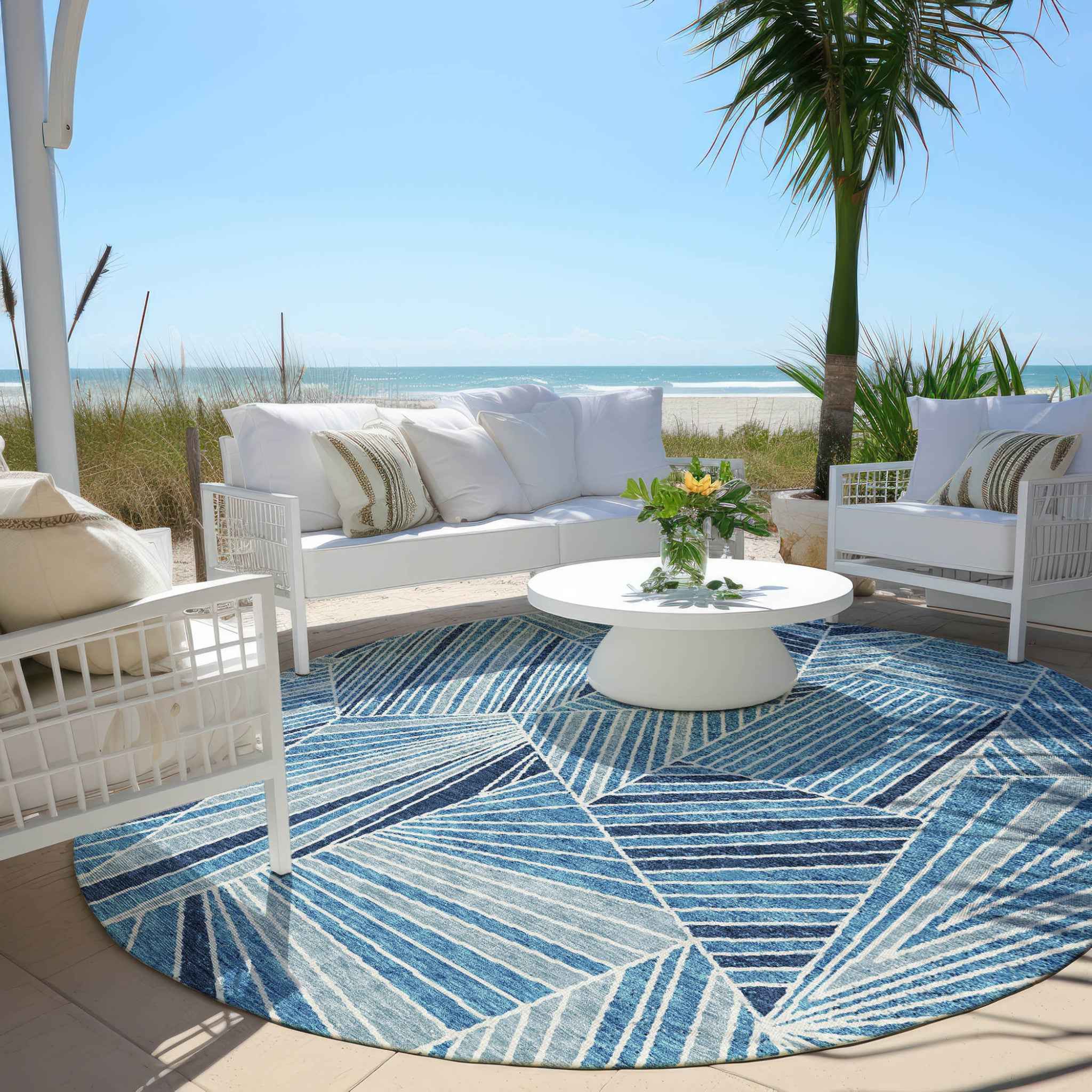 8' Blue And Teal Blue Round Geometric Washable Indoor Outdoor Area Rug
