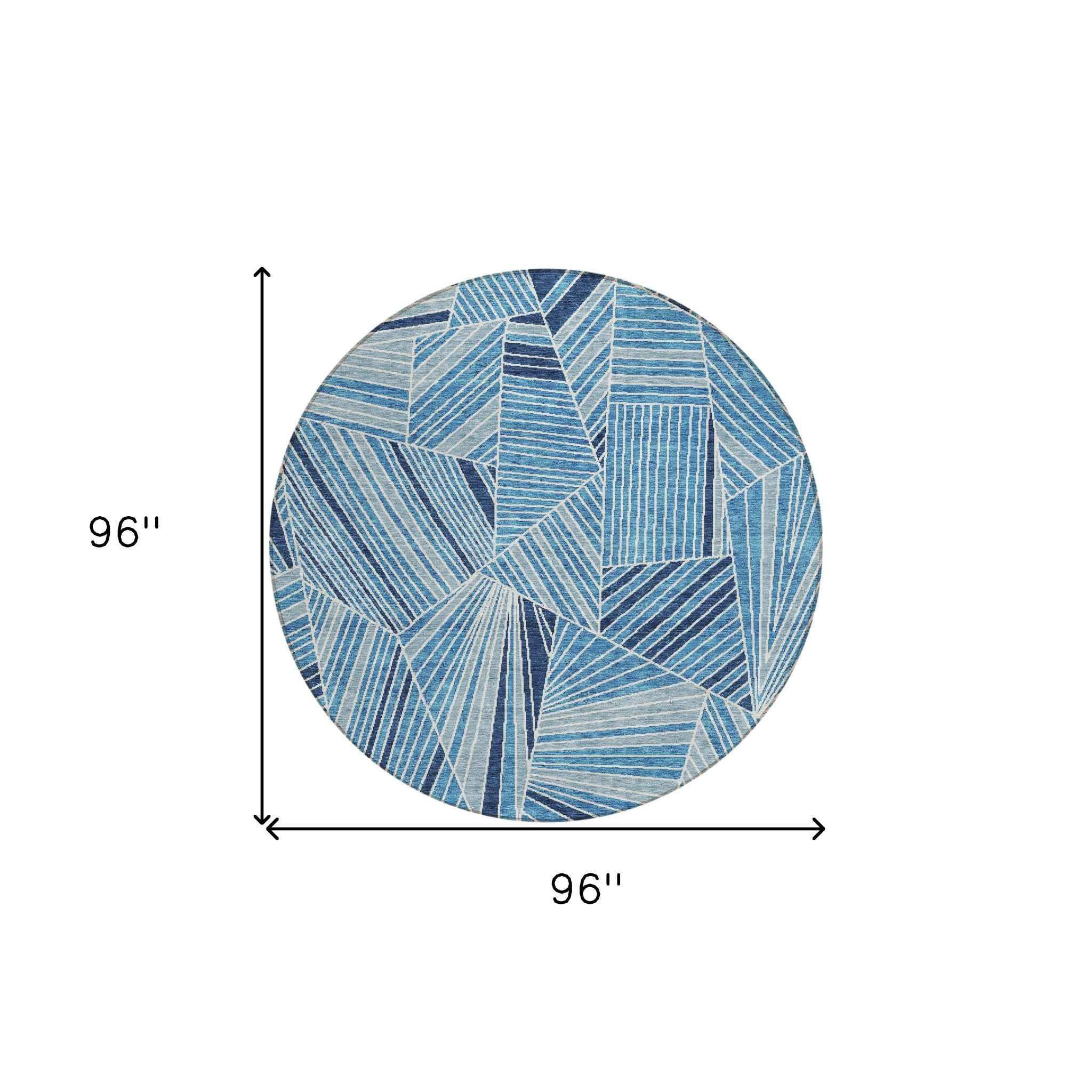 8' Blue And Teal Blue Round Geometric Washable Indoor Outdoor Area Rug