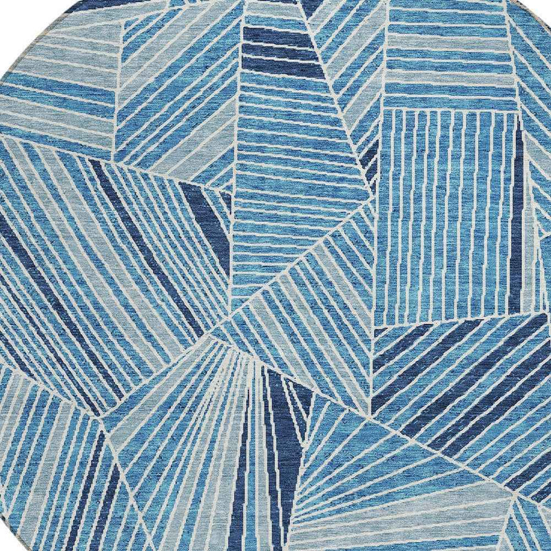 8' Blue And Teal Blue Round Geometric Washable Indoor Outdoor Area Rug