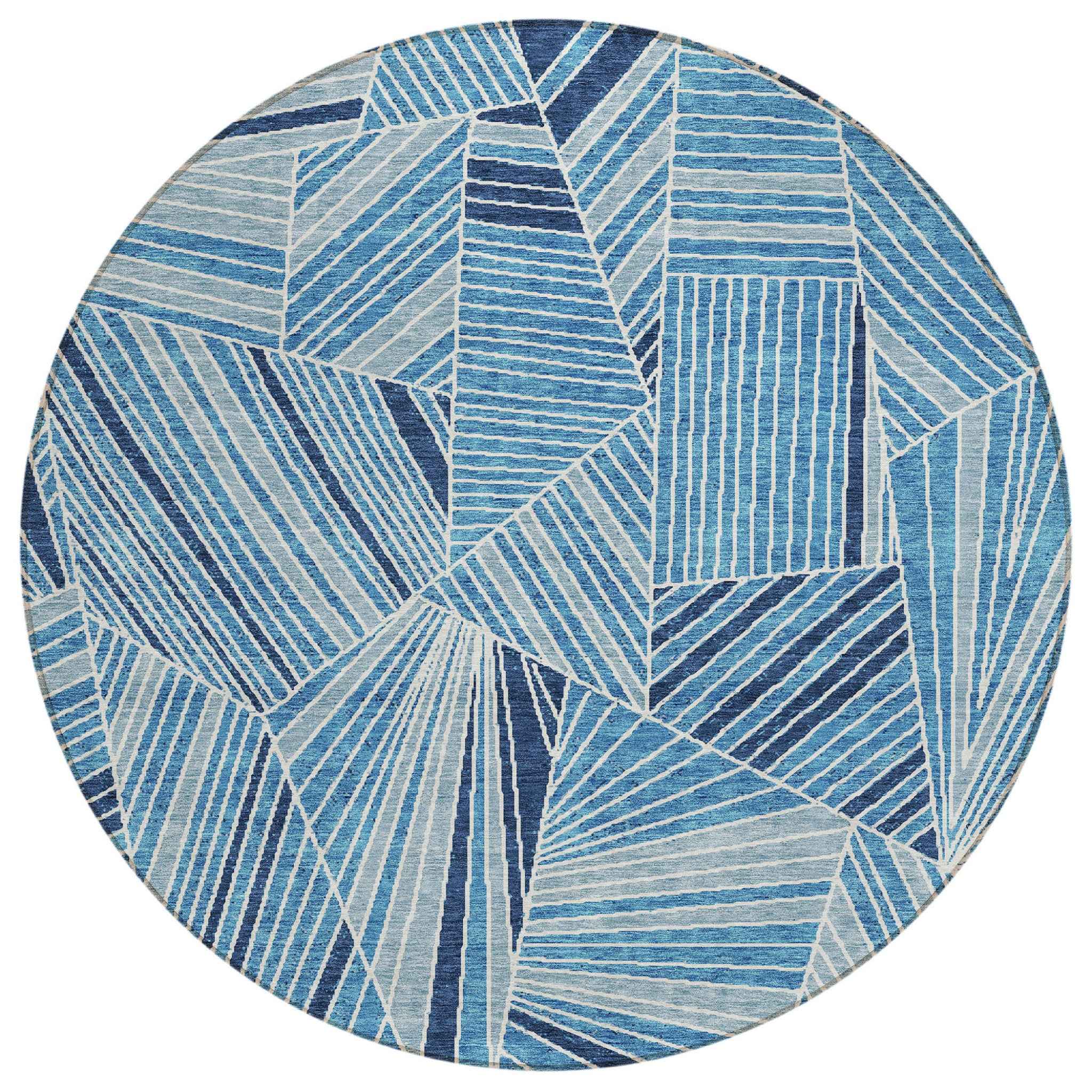 8' Blue And Teal Blue Round Geometric Washable Indoor Outdoor Area Rug