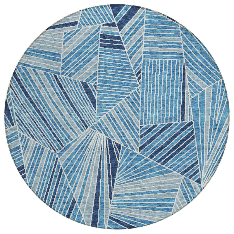 8' Blue And Teal Blue Round Geometric Washable Indoor Outdoor Area Rug