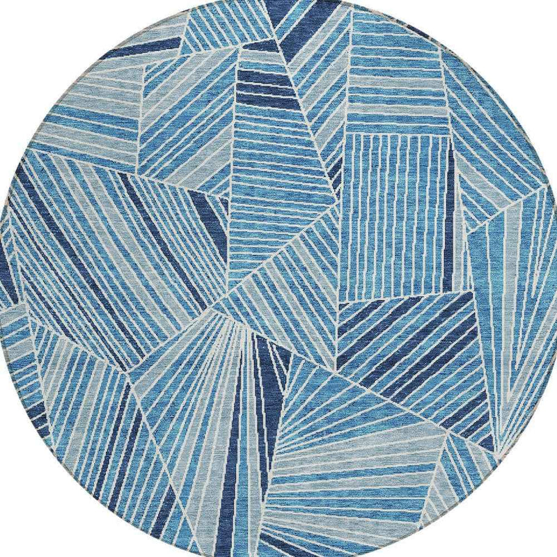 8' Blue And Teal Blue Round Geometric Washable Indoor Outdoor Area Rug