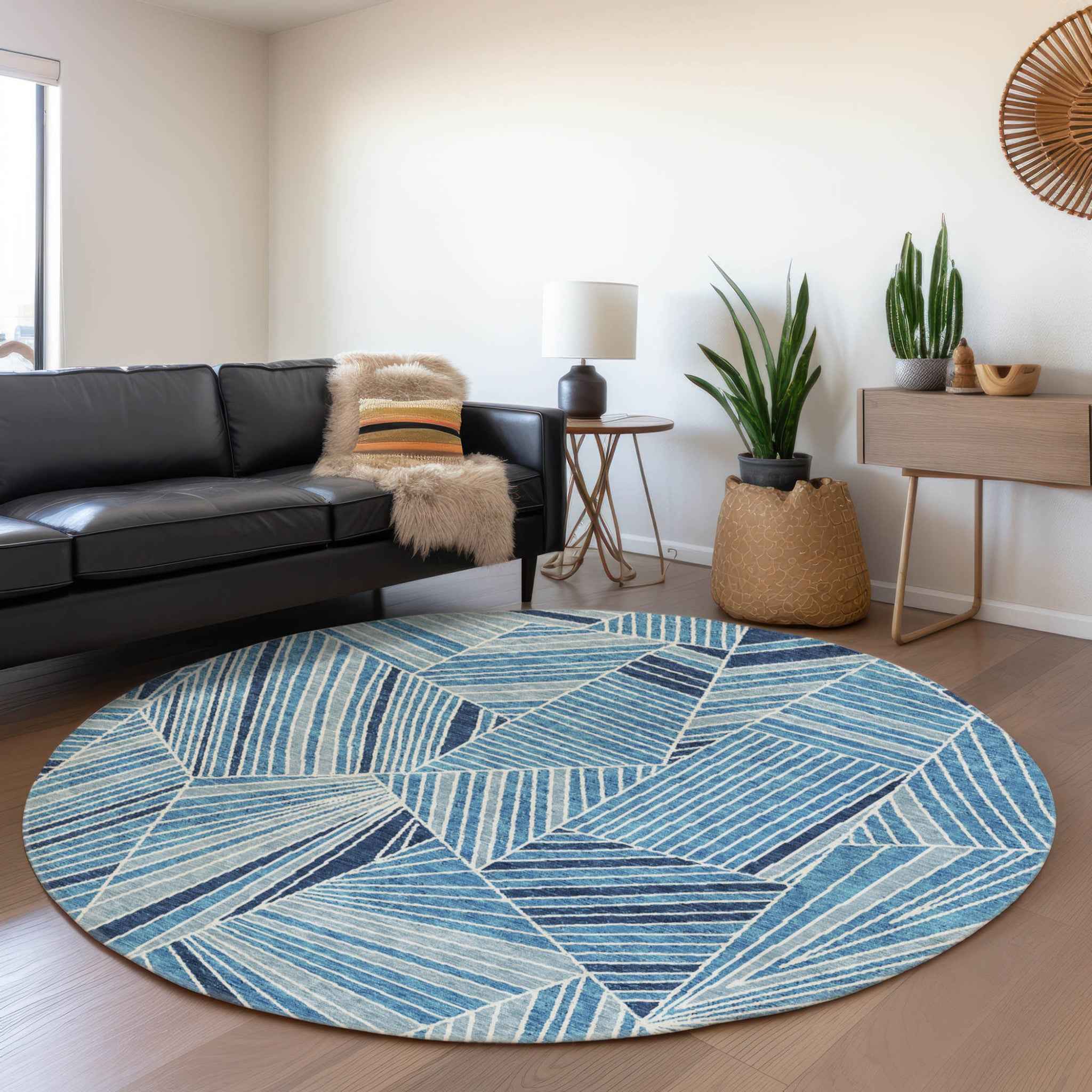 8' Blue And Teal Blue Round Geometric Washable Indoor Outdoor Area Rug