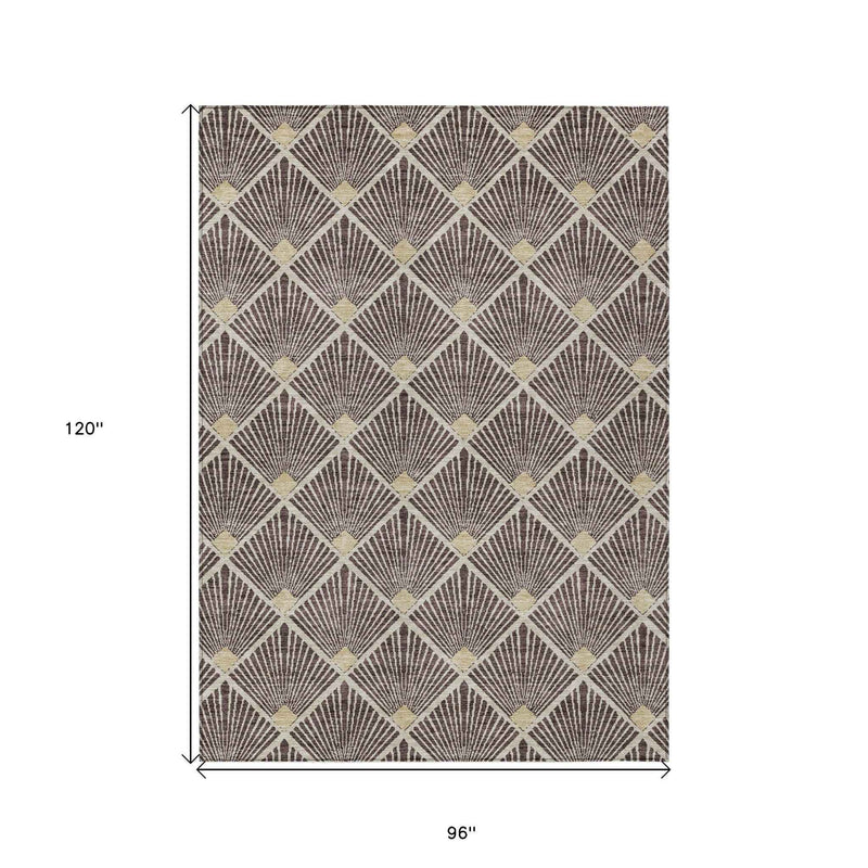 8' X 10' Brown And Beige Geometric Washable Indoor Outdoor Area Rug