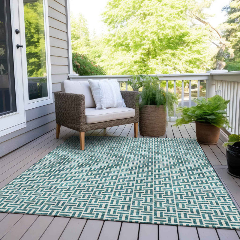 8' X 10' Teal Blue And Silver Geometric Washable Indoor Outdoor Area Rug