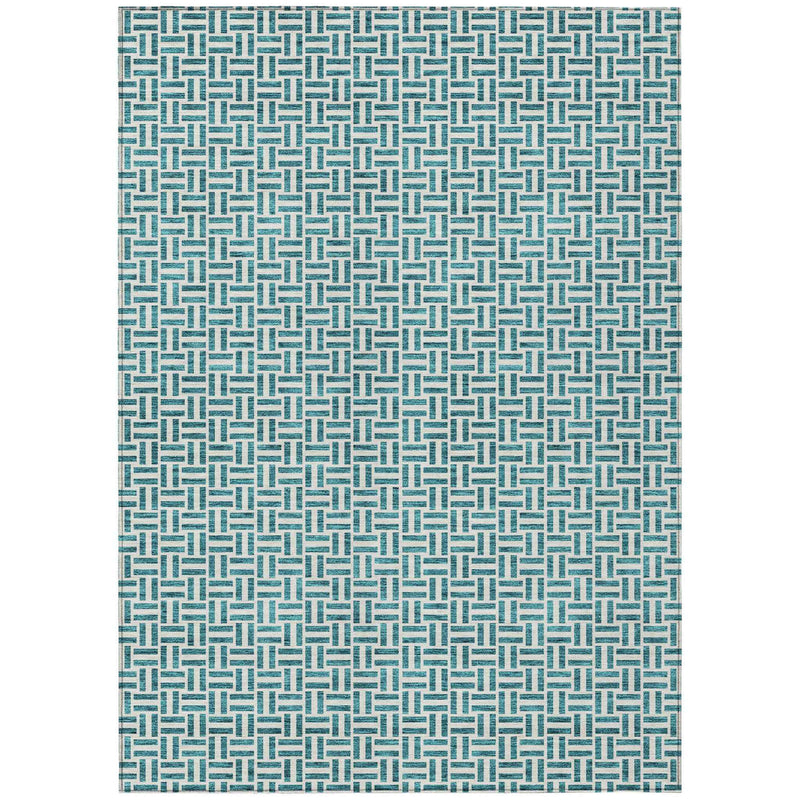 8' X 10' Teal Blue And Silver Geometric Washable Indoor Outdoor Area Rug