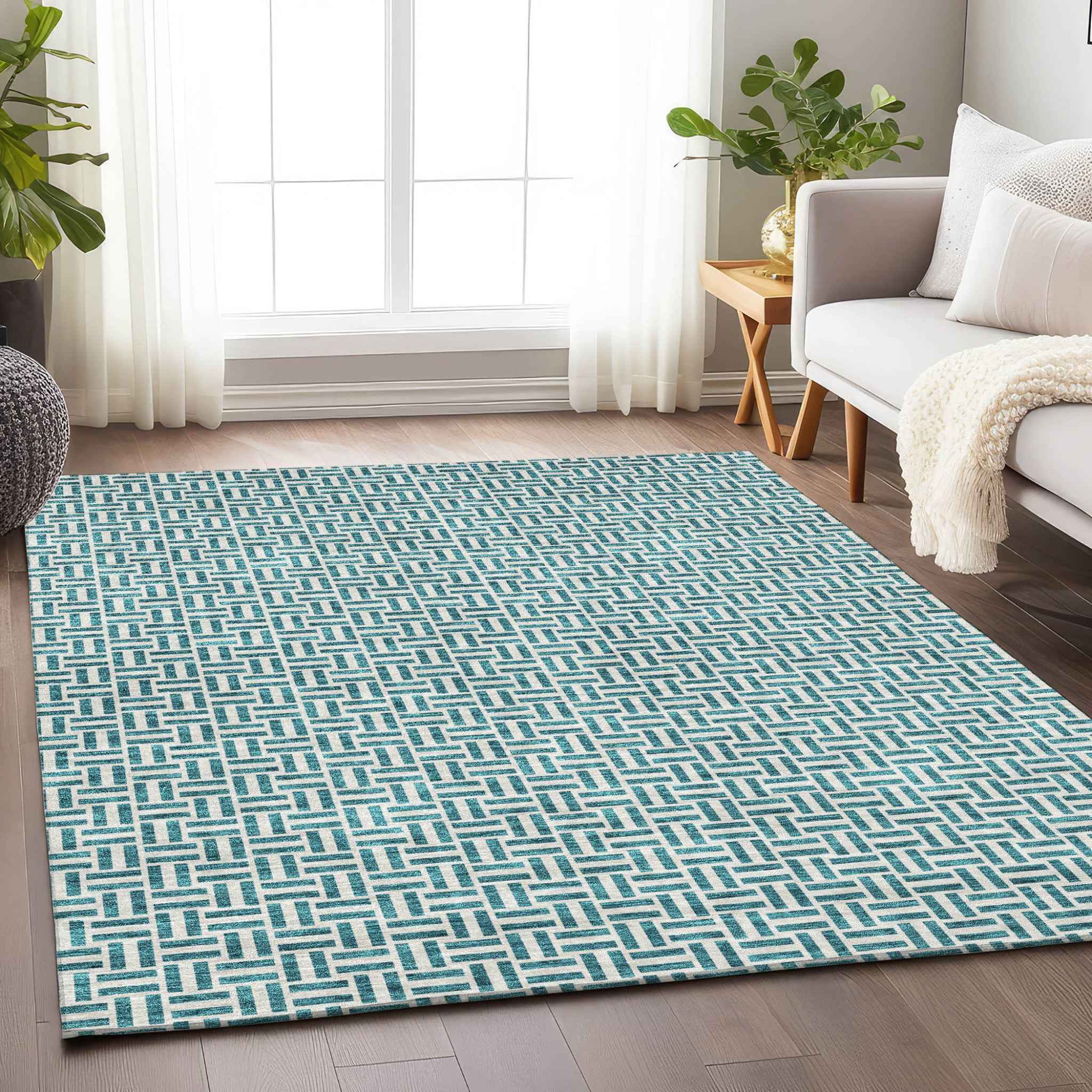 8' X 10' Teal Blue And Silver Geometric Washable Indoor Outdoor Area Rug