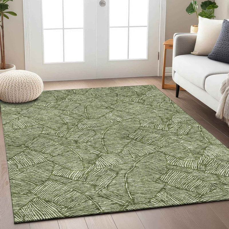 3' X 5' Olive Green And Light Green Floral Washable Indoor Outdoor Area Rug