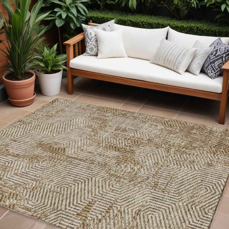 10' X 14' Brown And Beige Geometric Washable Indoor Outdoor Area Rug