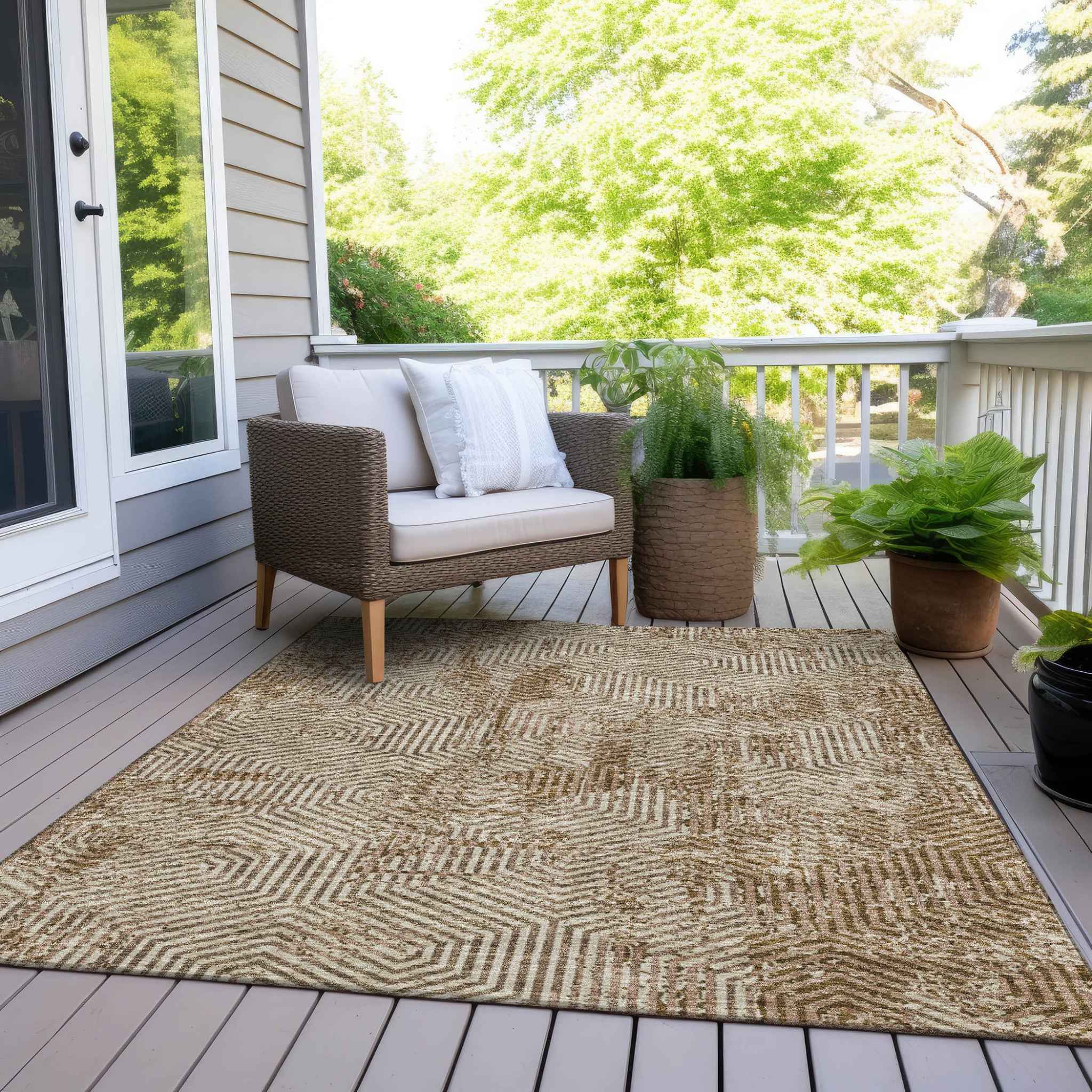 10' X 14' Brown And Beige Geometric Washable Indoor Outdoor Area Rug