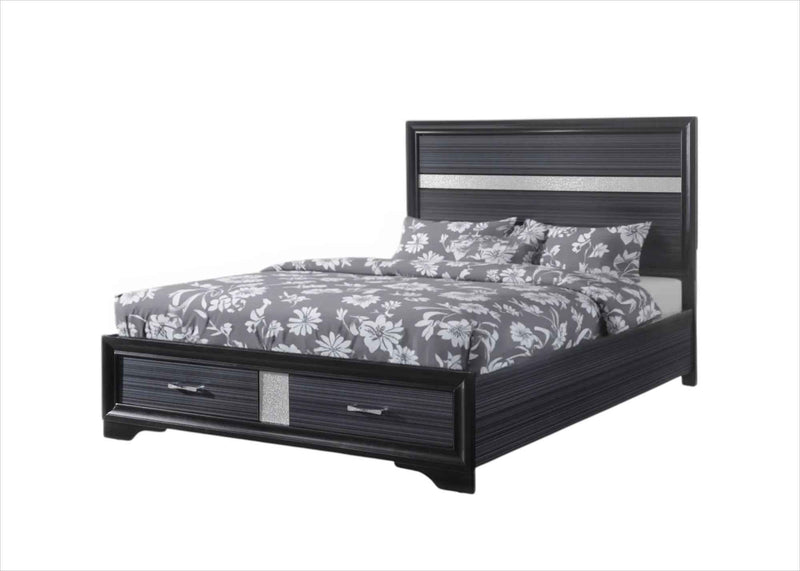 Black Gray and Silver Faux Crystal Bling Wood King Bed Frame With Two Drawers