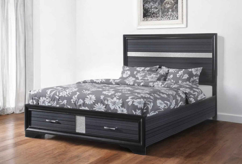 Black Gray and Silver Faux Crystal Bling Wood King Bed Frame With Two Drawers