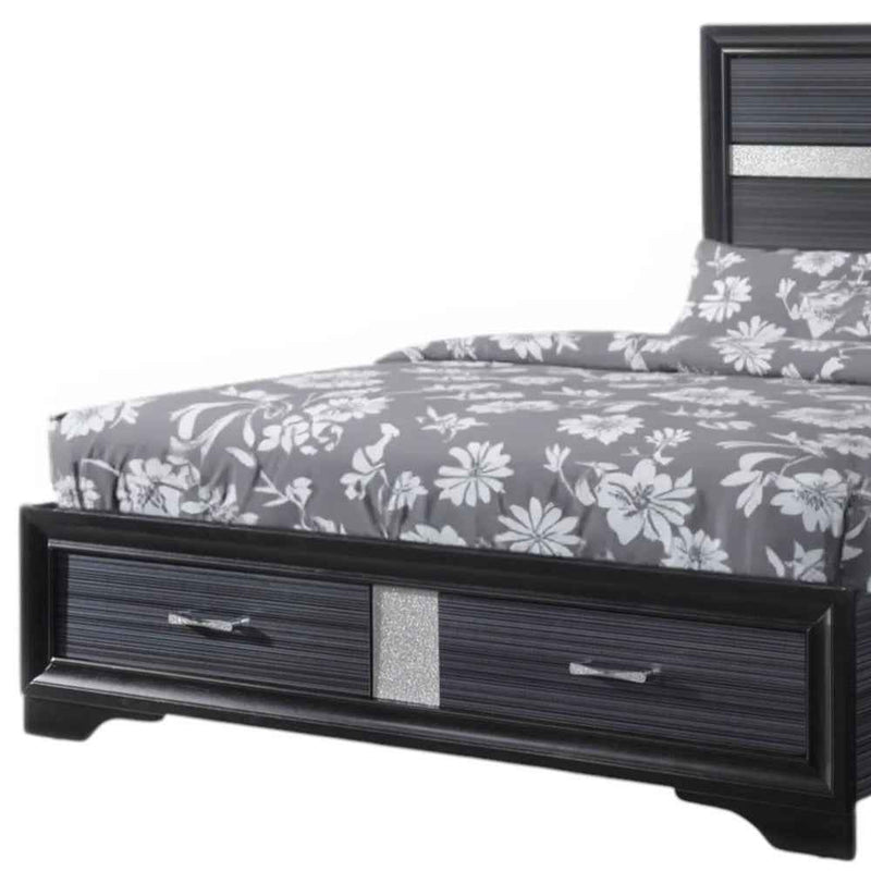 Black Gray and Silver Faux Crystal Bling Wood King Bed Frame With Two Drawers