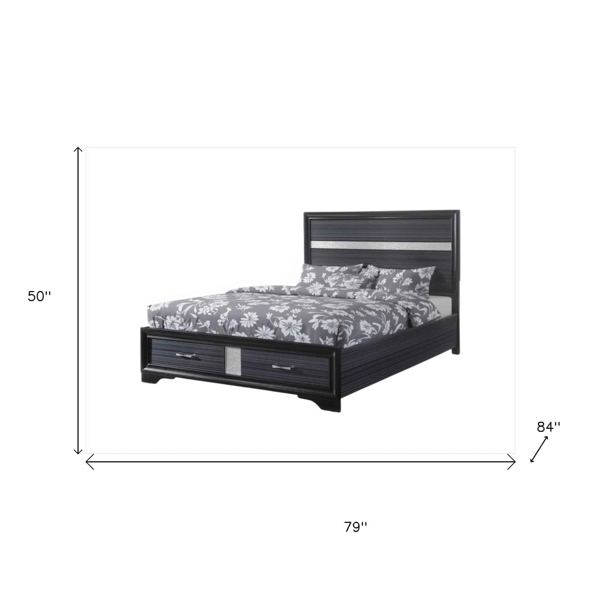 Black Gray and Silver Faux Crystal Bling Wood King Bed Frame With Two Drawers