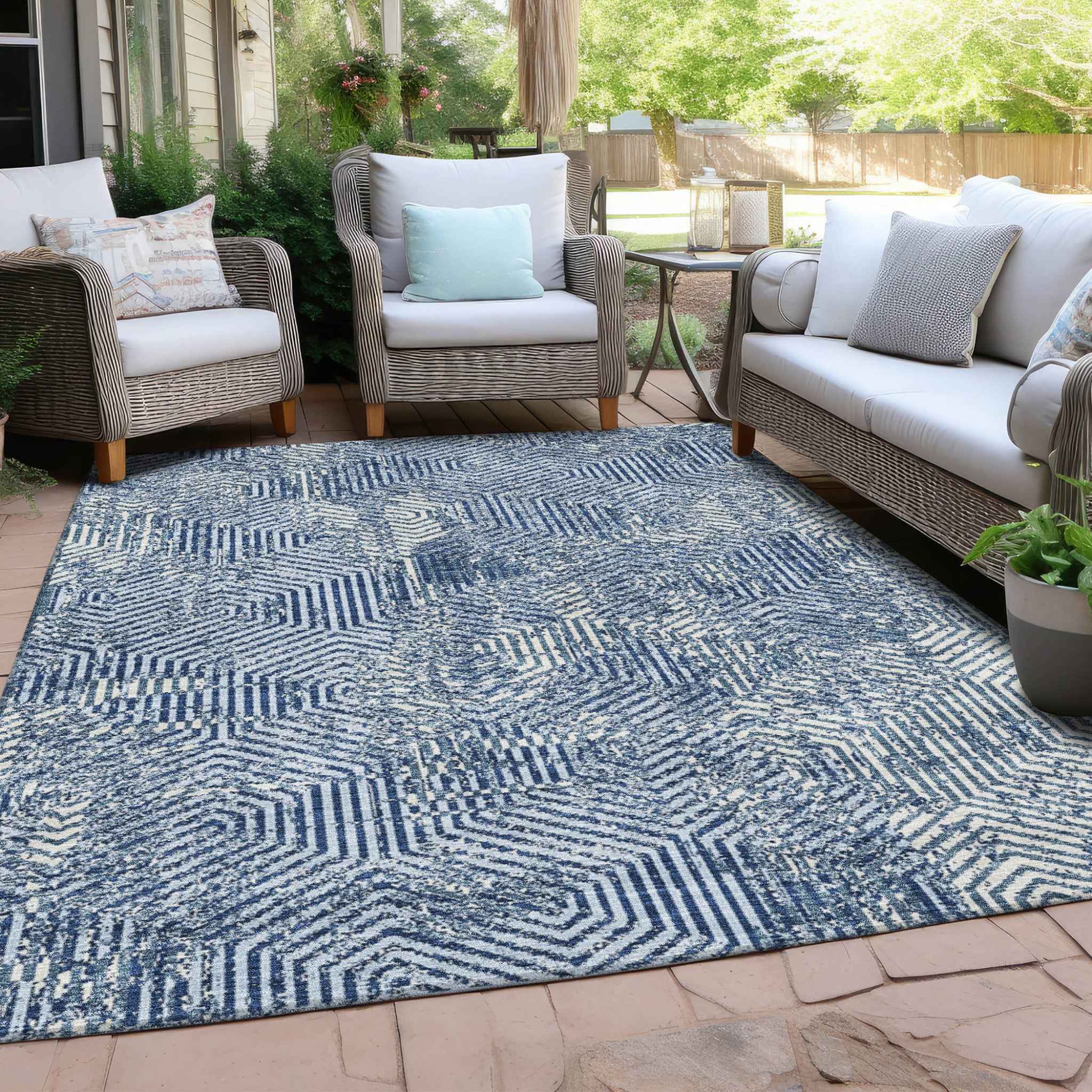 10' X 14' Navy Blue And Ivory Geometric Washable Indoor Outdoor Area Rug