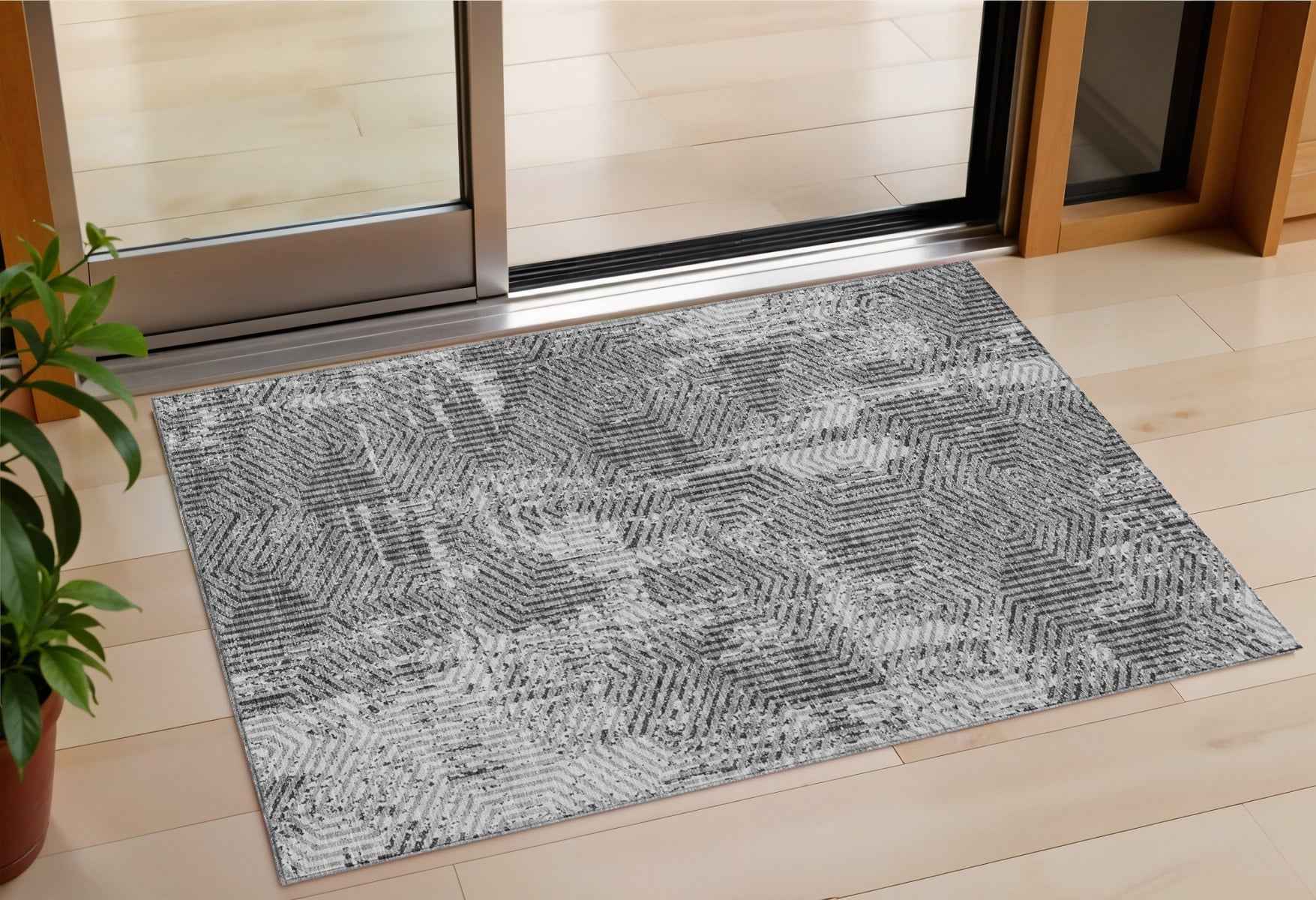 3' X 5' Gray And Charcoal Geometric Washable Indoor Outdoor Area Rug