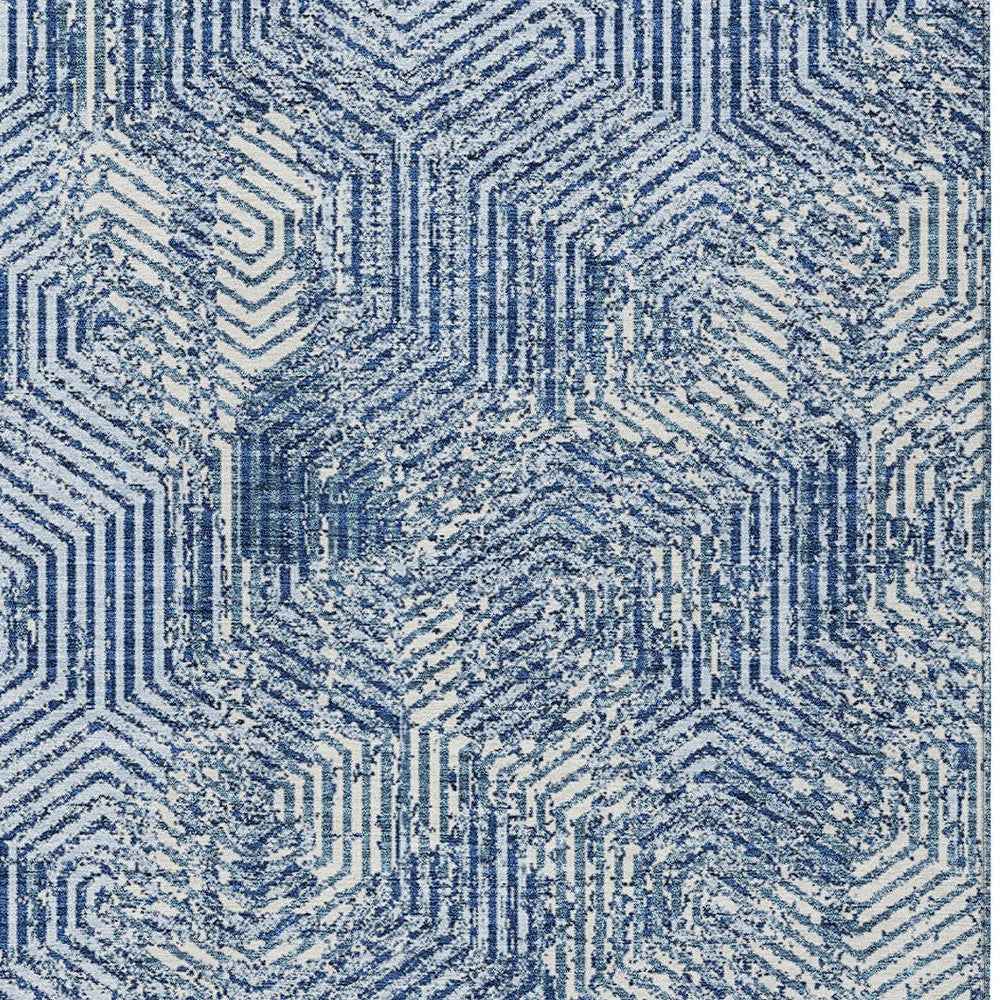 10' X 14' Navy Blue And Ivory Geometric Washable Indoor Outdoor Area Rug