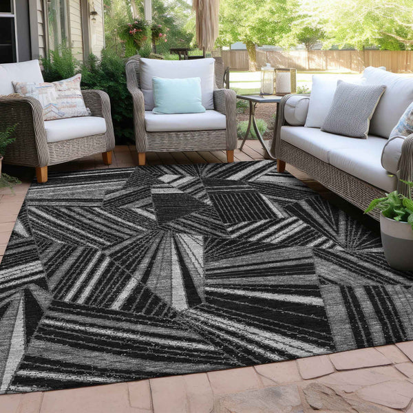 9' X 12' Black And Gray Geometric Washable Indoor Outdoor Area Rug